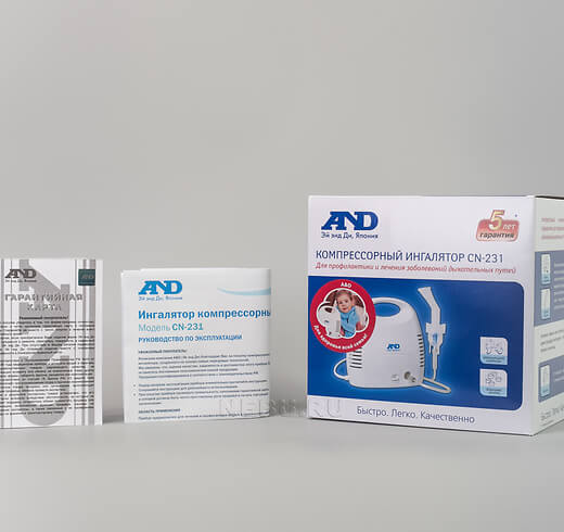 Коробка и документация компрессорного небулайзера AnD CN 231